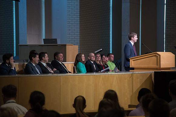 Student representative speaks at Get Connected welcome devotional for the new students of BYU-Idaho in the Taylor Chapel. April 2018