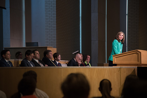 Sister Kelly Eyring speaks at the welcome devotional for the new students of BYU-Idaho in the Taylor Chapel. April 2018