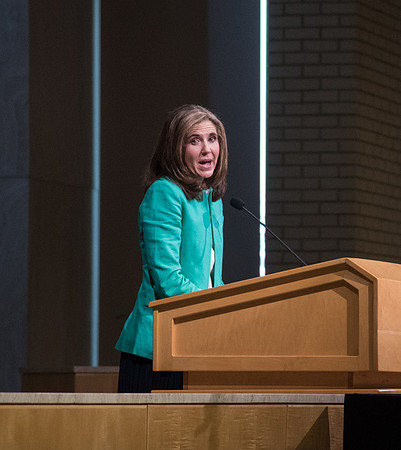 Sister Kelly Eyring speaks at the welcome devotional for the new students of BYU-Idaho in the Taylor Chapel. April 2018