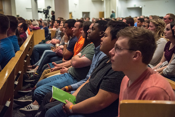 New students listen to Get Connected Devotional in the Taylor Chapel. April 2018