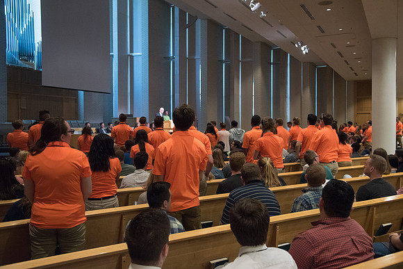 Students who helped with Get Connected are recognized at the devotional in the Taylor Chapel. April 2018