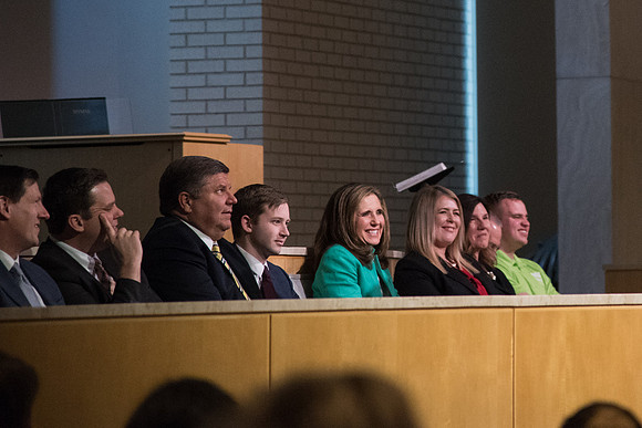 Sister Kelly Eyring smiles at the new BYU-I students during the devotional in the Taylor Chapel. April 2018