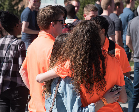 Get Connect participants gather after Devotional outside of the Taylor Building. April 2018