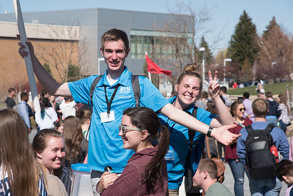 Get Connect participants gather after Devotional outside of the Taylor Building. April 2018