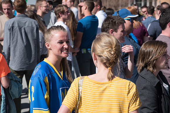 Get Connect participants gather after Devotional outside of the Taylor Building. April 2018