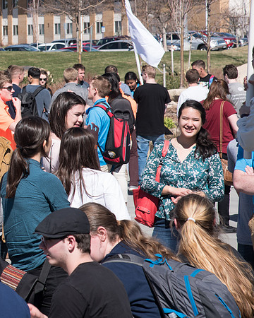 Get Connect participants gather after Devotional outside of the Taylor Building. April 2018