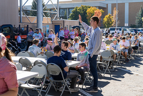 Students participate in the color run during spirit week, with free pancakes to follow.