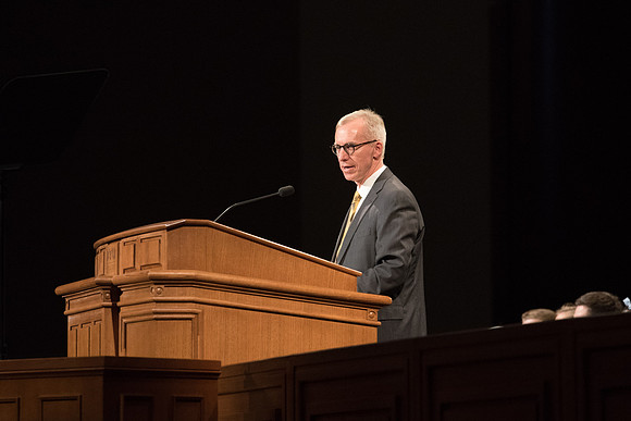 Kelly Burgener welcomes students to the First Devotional of Spring Semester. April 2018
