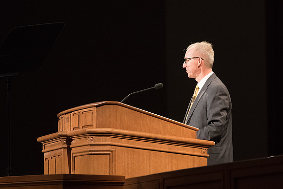 Kelly Burgener welcomes students to the First Devotional of Spring Semester. April 2018