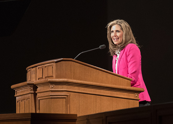 Sister Kelly Eyring speaks at Devotional the beginning of Spring Semester in the BYU-Idaho Center. April 2018
