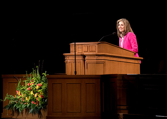 Sister Kelly Eyring speaks at Devotional the beginning of Spring Semester in the BYU-Idaho Center. April 2018