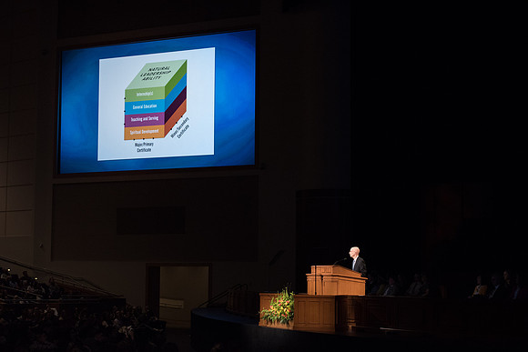 President Henry J. Eyring gives the Devotional address at the beginning of Spring Semester in the BYU-Idaho Center. April 2018