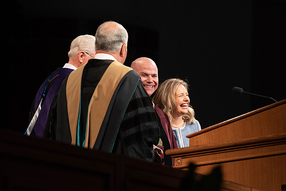 President Alvin F. Meredith's Inauguration. Elder Rasband and Elder Christofferson present the medallion.