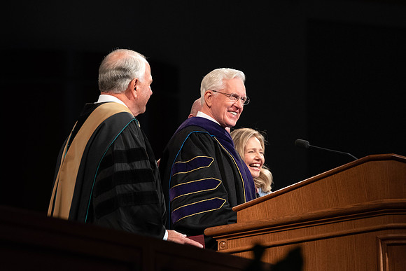 President Alvin F. Meredith's Inauguration. Elder Rasband and Elder Christofferson present the medallion.
