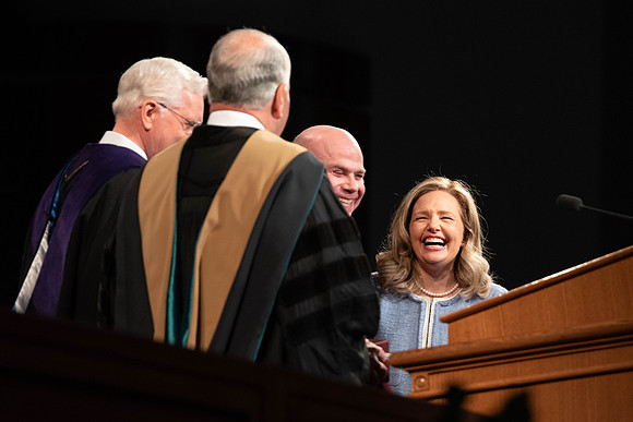 President Alvin F. Meredith's Inauguration. Elder Rasband and Elder Christofferson present the medallion.