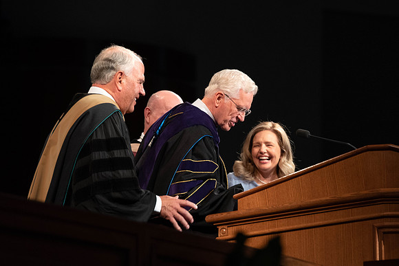 President Alvin F. Meredith's Inauguration. Elder Rasband and Elder Christofferson present the medallion.