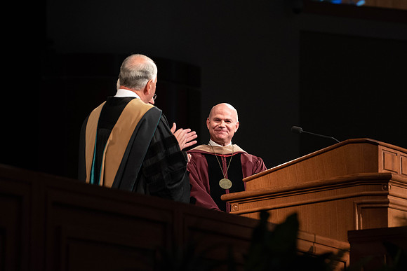 President Alvin F. Meredith's Inauguration. Elder Rasband and Elder Christofferson present the medallion.