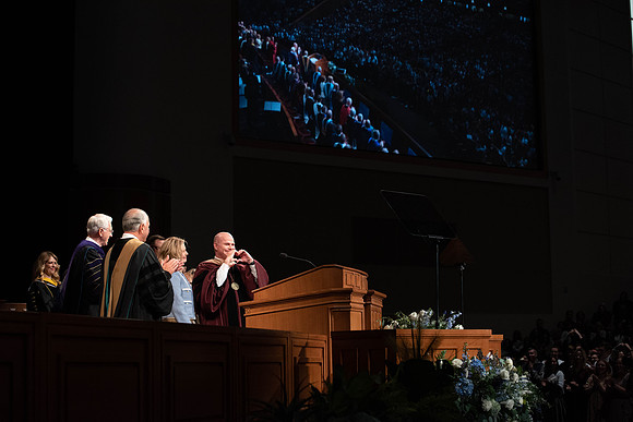 President Alvin F. Meredith's Inauguration. Elder Rasband and Elder Christofferson present the medallion.