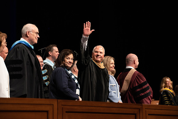 President Alvin F. Meredith's Inauguration. Elder Rasband waves to the students.