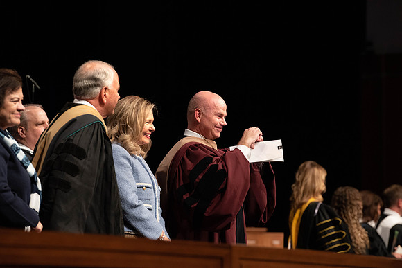 President Alvin F. Meredith's Inauguration. "Trip" Meredith sending love to the students.