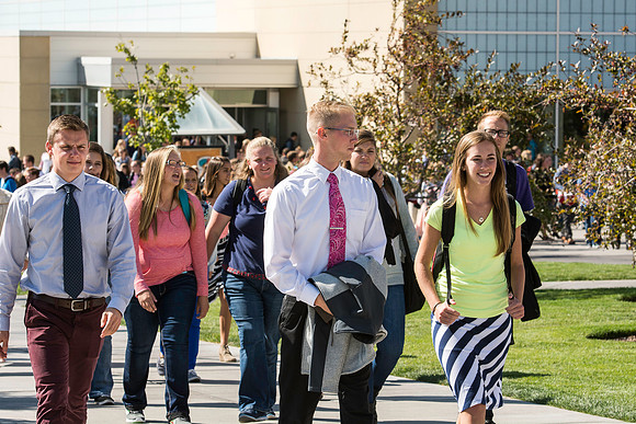 Students leaving the BYUI-Center after the first devotional of the Fall 2016 semester.