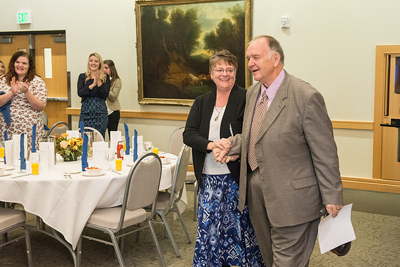 Ricks College Alumni gather to honor John and Trudy Bidwell at an Emeritus Breakfast.