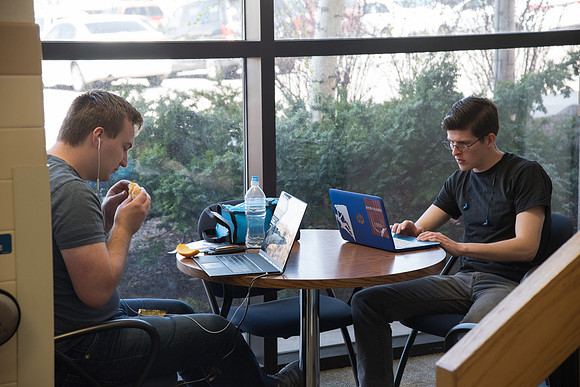 Students studying in the Benson Building, Spring Semester. April 2018
