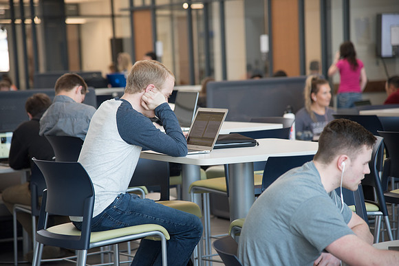 Students studying in the Science & Technology Center Building, Spring Semester. April 2018