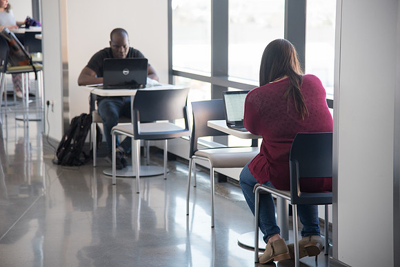 Students studying in the Science & Technology Center Building, Spring Semester. April 2018