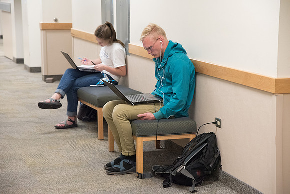 Students studying in the Benson Building, Spring Semester. April 2018