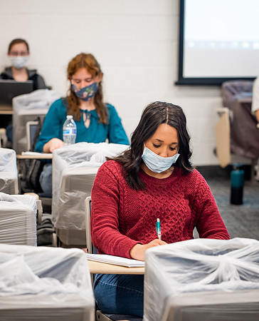 BYUI classes in the religion department meeting during Covid-19 with masks and social distanced seating.