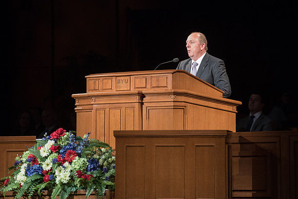Lorry J. Pitcher, Stake President of the Rexburg Idaho Married Student 3rd Stake conducts at the Married Student Devotional in the I-Center. May 2018