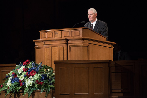 Elder Bradford C. Bowen, Area Seventy speaks to married students in the I-Center. May 2018