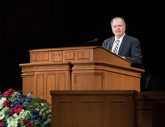 Elder Lynn G. Robbins, General Authority and in the Presidency of the Seventy speaks to the Married Students in the I-Center. May 2018.