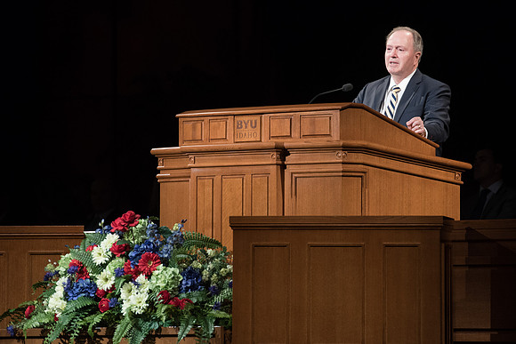 Elder Lynn G. Robbins, General Authority and in the Presidency of the Seventy speaks to the Married Students in the I-Center. May 2018.