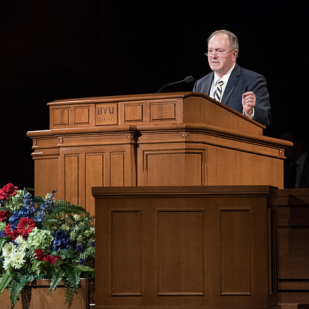 Elder Lynn G. Robbins, General Authority and in the Presidency of the Seventy speaks to the Married Students in the I-Center. May 2018.