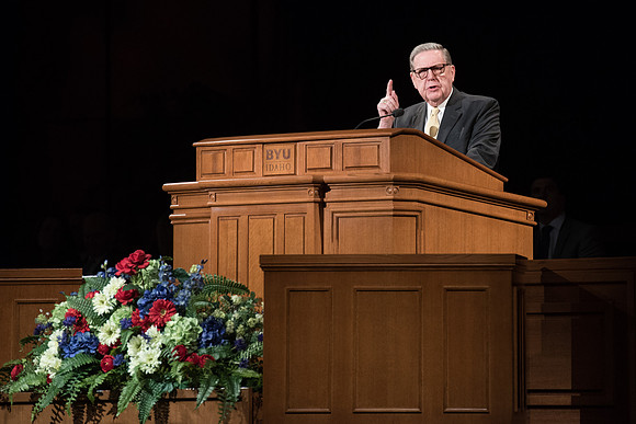 Elder Jeffery R. Holland, Member of the Quorum of the Twelve Apostles talks to the Married Students in the BYU-I Center. May 2018