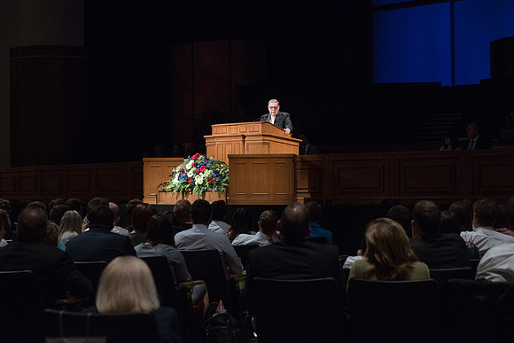 Elder Jeffery R. Holland, Quorum of the Twelve Apostles ends his address to the married students in the I-Center. May 2018.