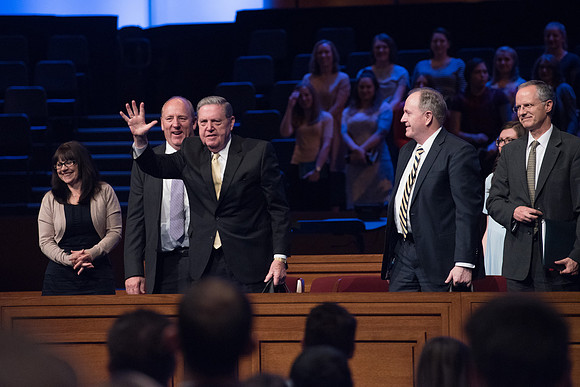 Jeffery R. Holland says goodbye to the crowd of married couples. May 2018
