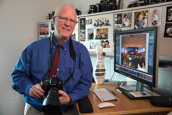 Mike Lewis, University Relations Photography Coordinator in his office. May 2018