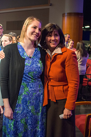 Carole Stephens meets with Brigham Young university-Idaho students and shakes hands with them. Photo by Ryan Chase