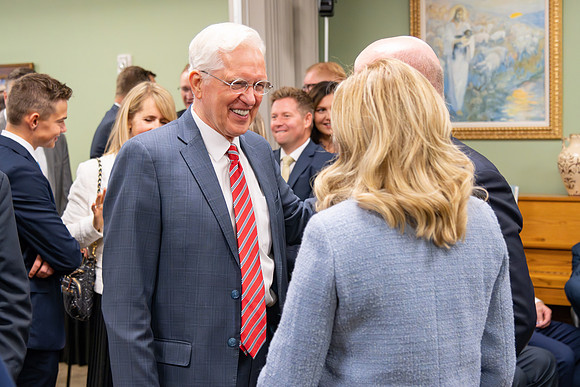 Many board members, faculty, family, and prominent church figures attend the inaugural reception before the inauguration of Alvin F. Meredith.