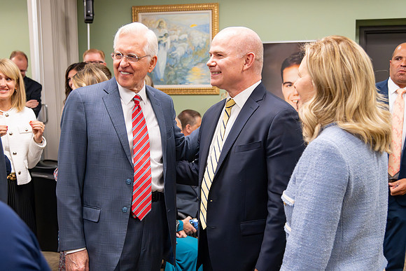 Many board members, faculty, family, and prominent church figures attend the inaugural reception before the inauguration of Alvin F. Meredith.