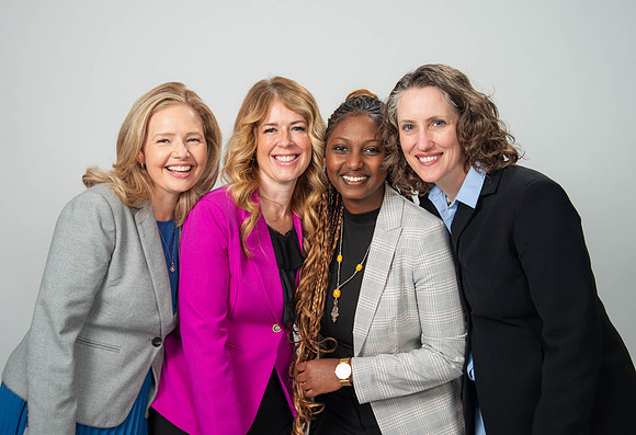 Photoshoot of Sister Meredith, Sister LaBuagh, and Sister Hurley with the Women in Business Society president Hana Edossa. Fall 2023