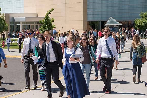 Students leaving the I-Center after devotional. June 2018