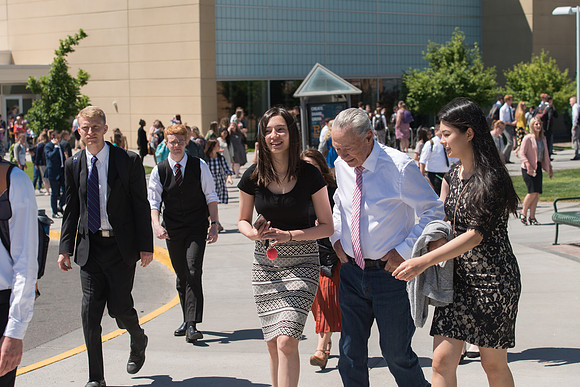 Students leaving the I-Center after devotional. June 2018