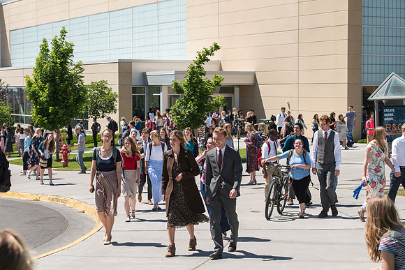 Students leaving the I-Center after devotional. June 2018