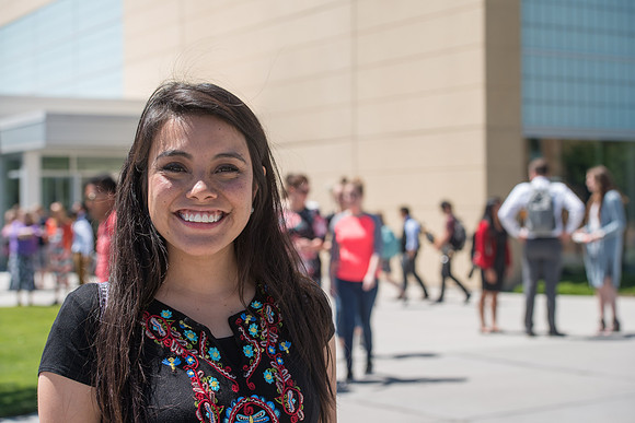 Students leaving the I-Center after devotional. Iran Daniela Macias from Mexico June 2018