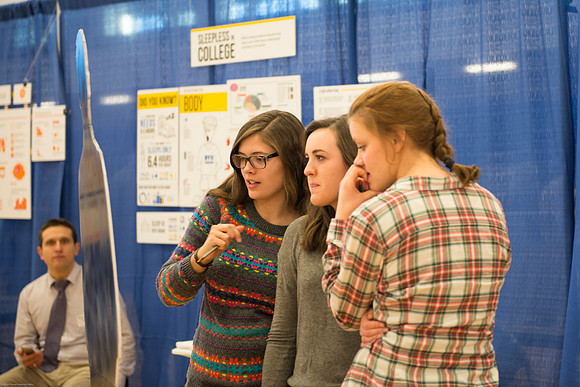 Students present their projects for the Student Research and Creative Works Conference.