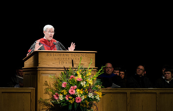 Edwin A. Sexton, Associate Academic Vice President for Curriculum, BYU-I, gives closing remarks during Convocation in the Hart Auditorium.